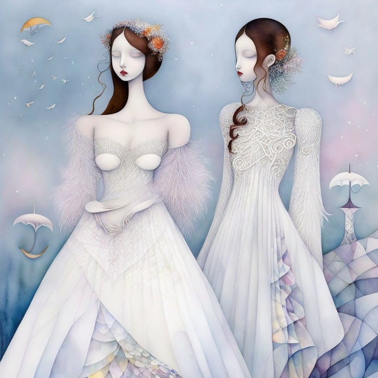 Ethereal women in white gowns with flying birds and whimsical umbrellas