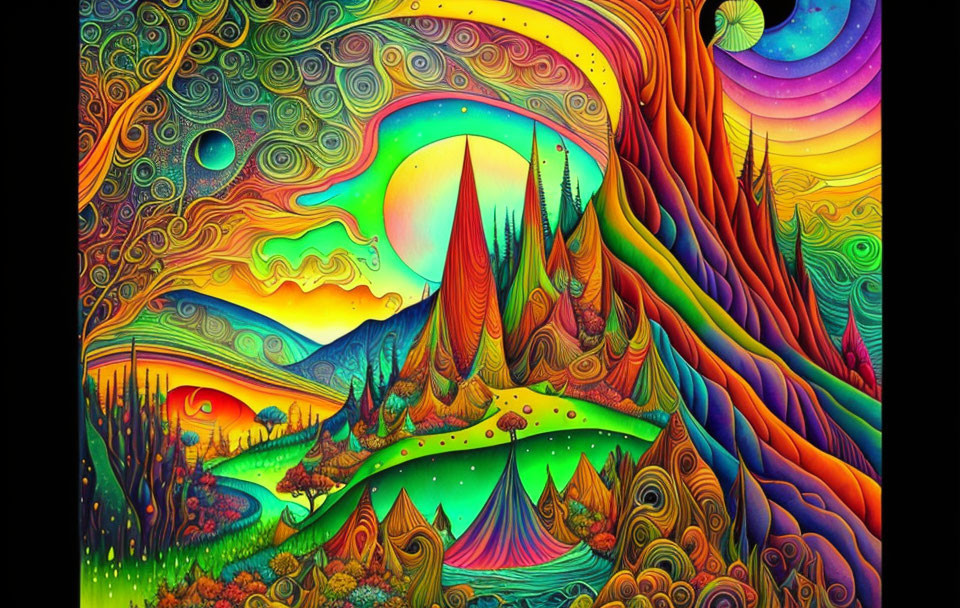 Colorful psychedelic landscape with swirling patterns, mountains, trees, and celestial bodies