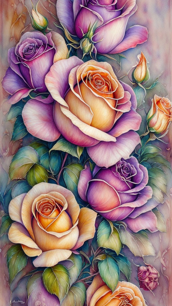 Colorful painting of purple and peach roses on textured background