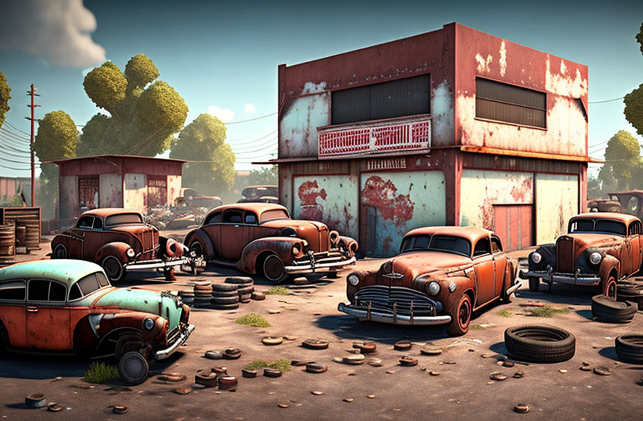 Abandoned vintage cars, rusty gas station, tires, and overgrown vegetation in rustic scene