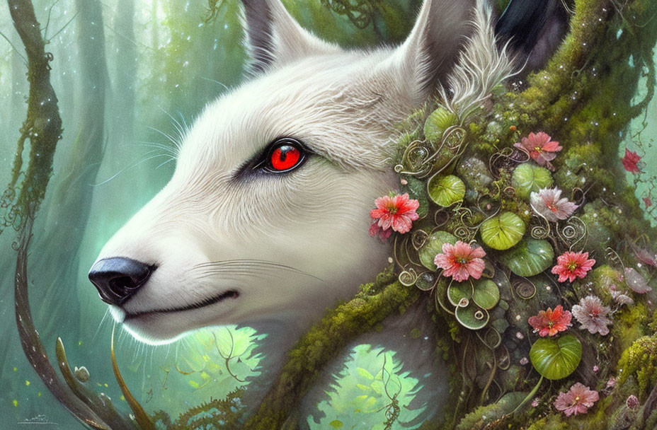 White wolf with red eyes in mossy forest with pink flowers.