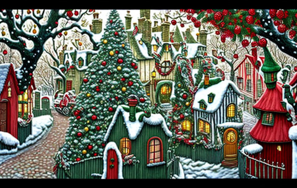 Snow-covered winter village with festive Christmas decorations