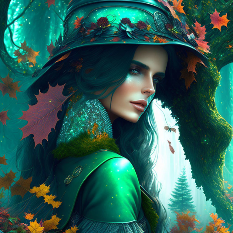 Vibrant blue-haired woman in decorative hat against enchanted forest.