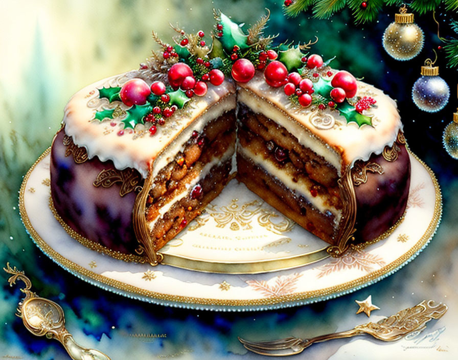 Festive Christmas cake with holly berries and icing slice on gold-trimmed plate