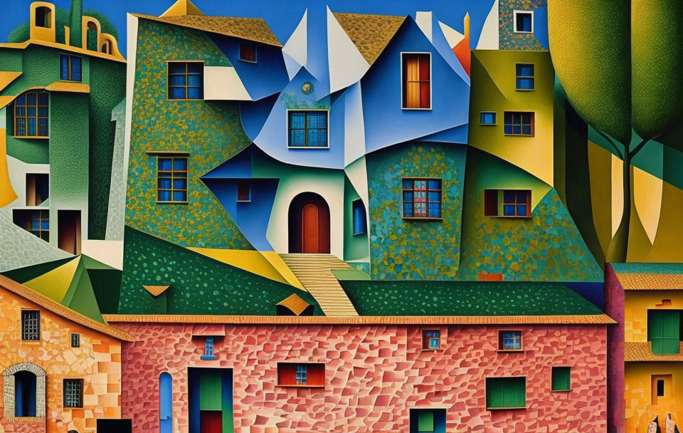 Vivid surreal painting: distorted architecture, sharp angles, geometric patterns.