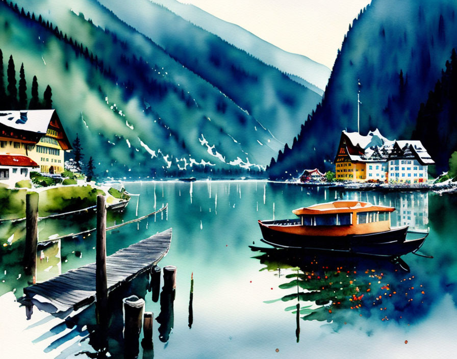 Serene lake scene with boat, houses & mountains