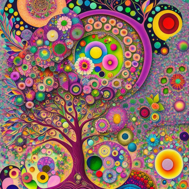 Colorful abstract tree art with swirling branches and intricate patterns