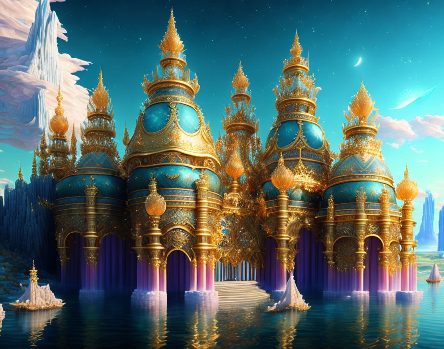 Golden-domed palaces on water in mystical landscape with ice formations under twilight sky