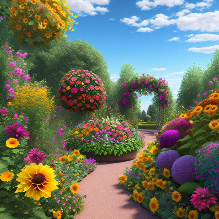 Colorful Flower Garden Path with Blooming Archway