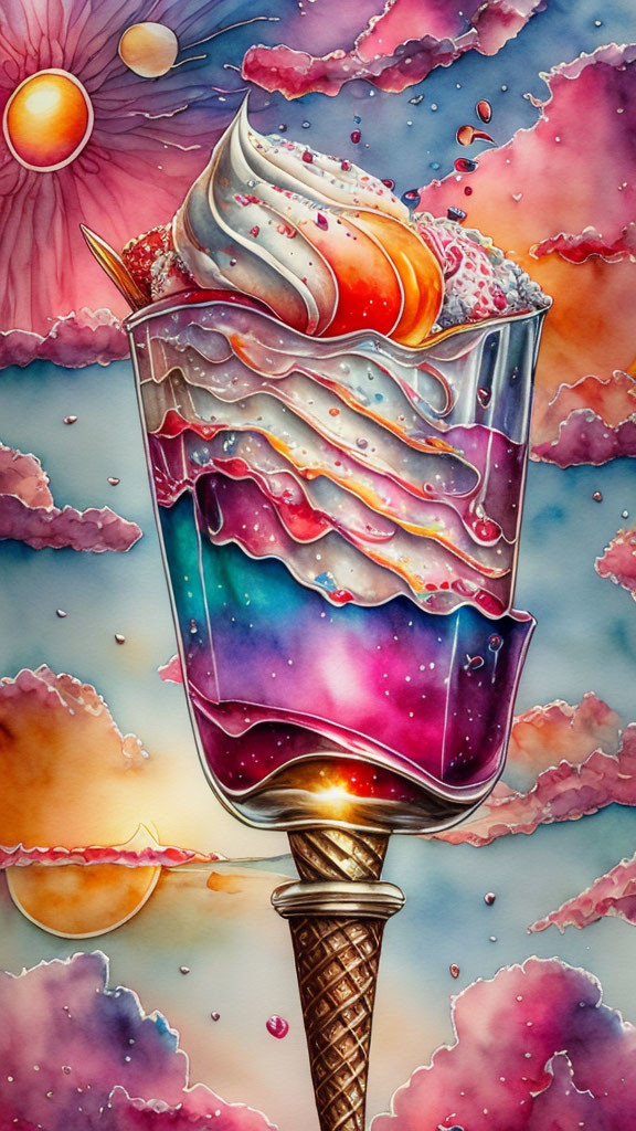 Galaxy-themed ice cream cone illustration with cosmic background