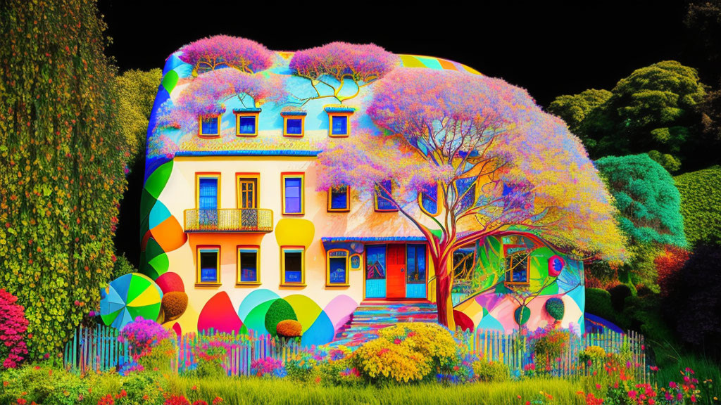 Colorful House with Whimsical Patterns in Psychedelic Garden