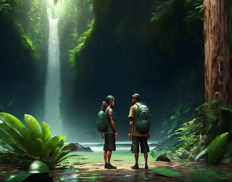 Hikers with backpacks at jungle waterfall