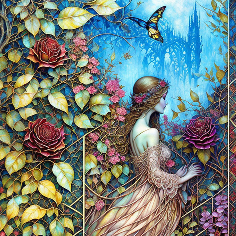 Woman in blindfolded gown surrounded by roses, castle, and butterfly