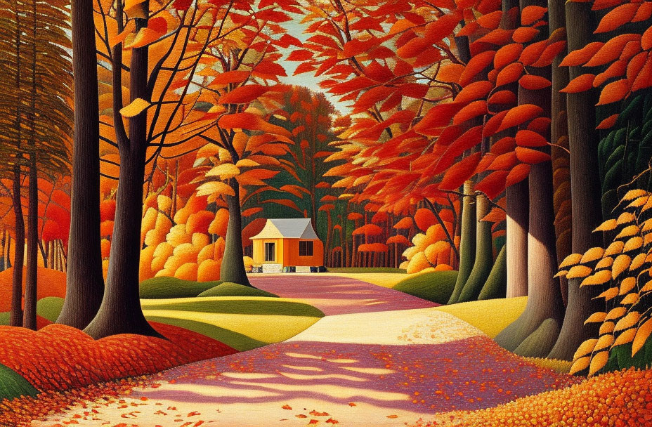 Colorful autumn landscape with path to small house in trees.