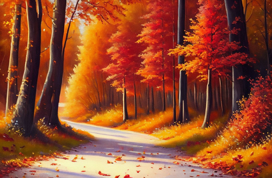 Scenic autumn forest with winding path and colorful leaves