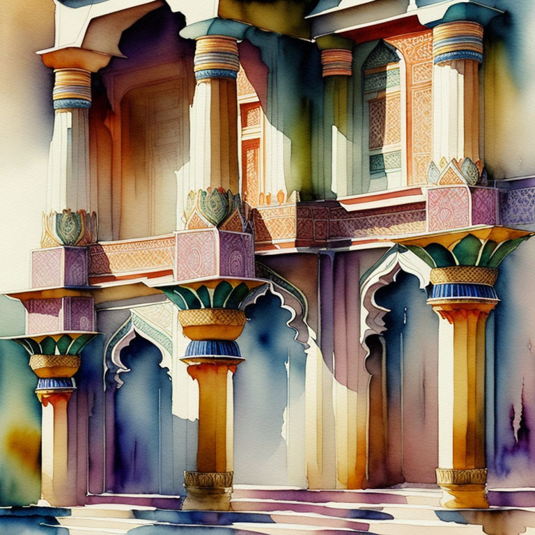 Stylized watercolor painting of ornate architectural scene