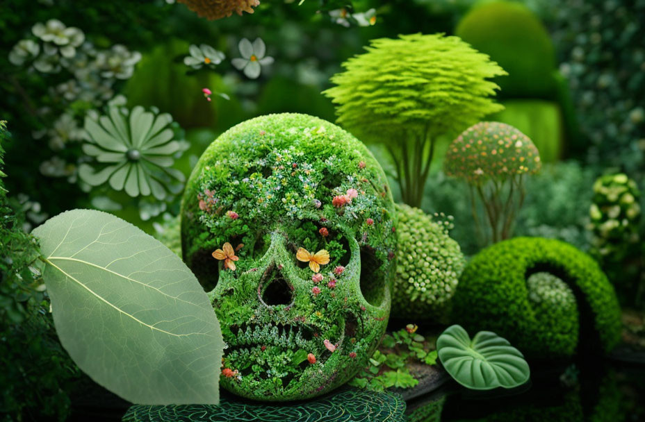 Skull covered in moss and flowers in lush garden