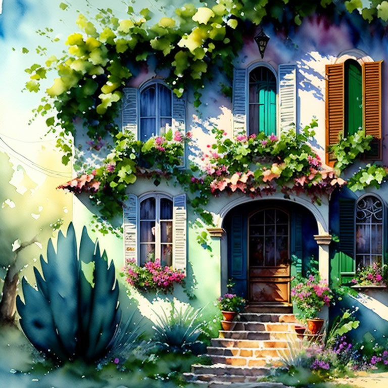 Charming cottage with blue walls, green vines, and colorful flowers