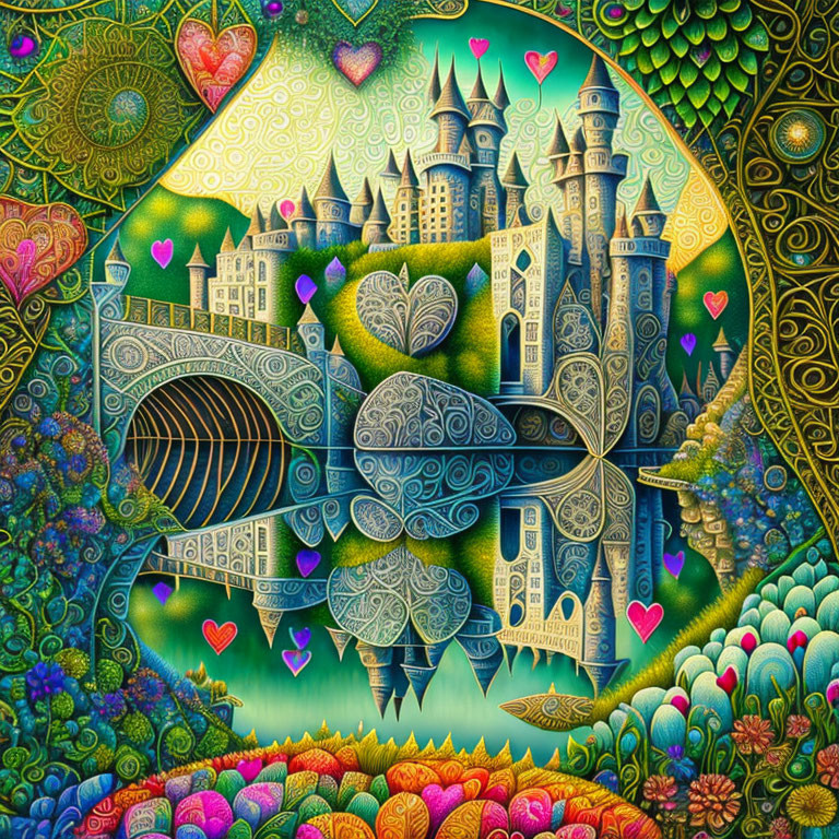 Vibrant whimsical castle illustration with heart motifs on water in colorful landscape