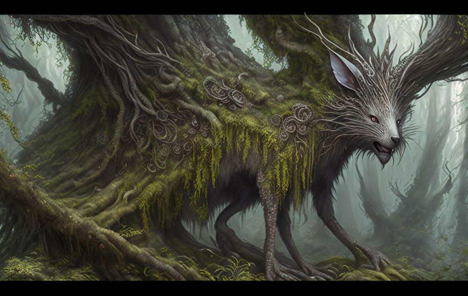 Majestic wolf-headed tree creature in foggy forest with intricate patterns and moss.