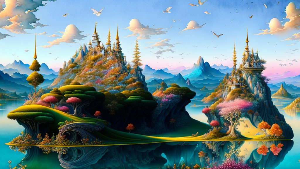 Colorful fantasy landscape with floating islands and castles