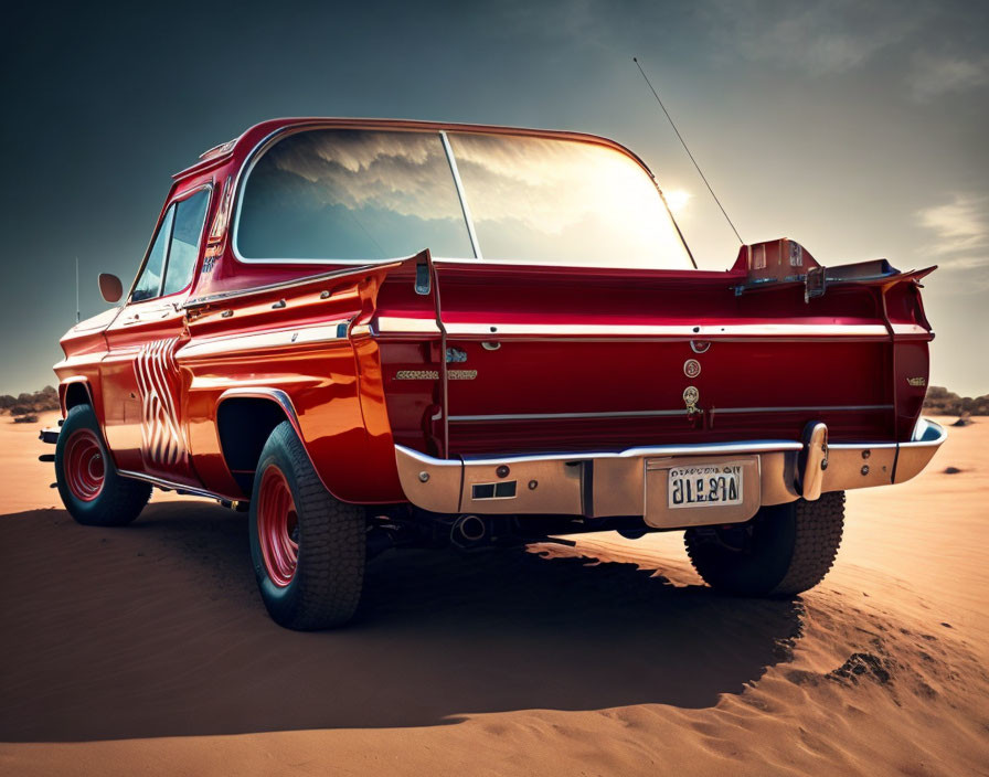 Vintage red car with fins and chrome parked in desert landscape