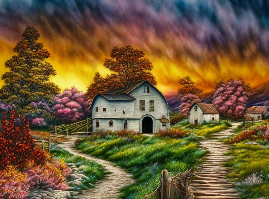 Rustic countryside painting with barn, trees, stone path, and colorful sunset.