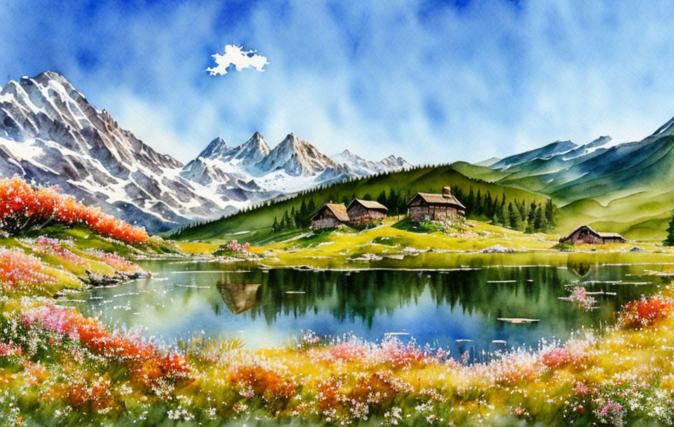 Serene mountain lake with wildflowers, cabins, and snow-capped peaks