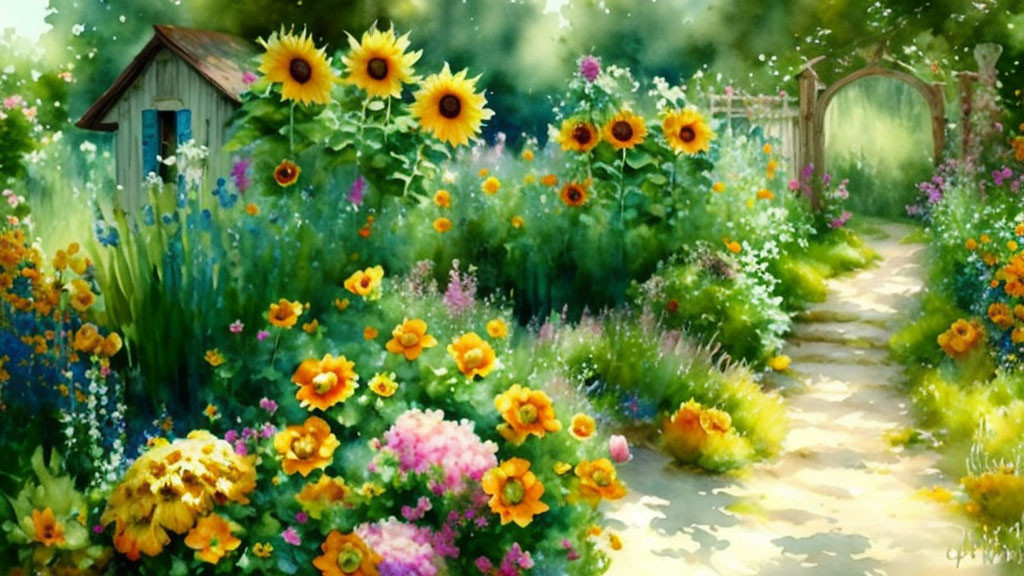 Sunflower-lined garden path with colorful blooms and wooden shed.