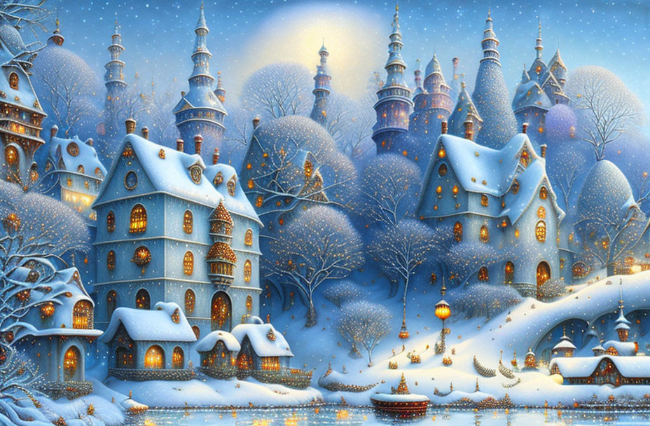 Enchanting snowy village with fairy tale houses and starlit sky