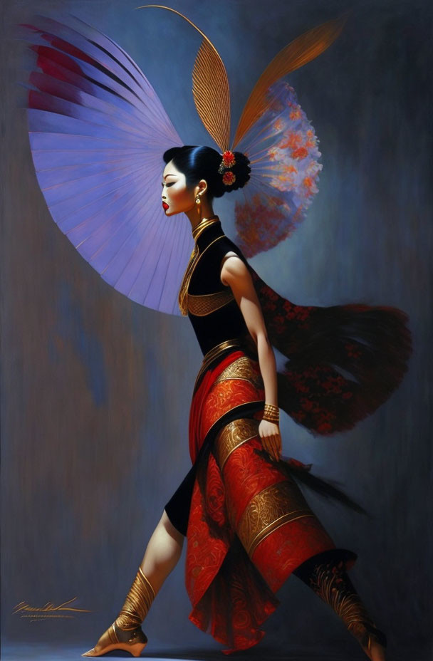 Traditional Asian Woman in Ornate Attire with Colorful Fan Wings