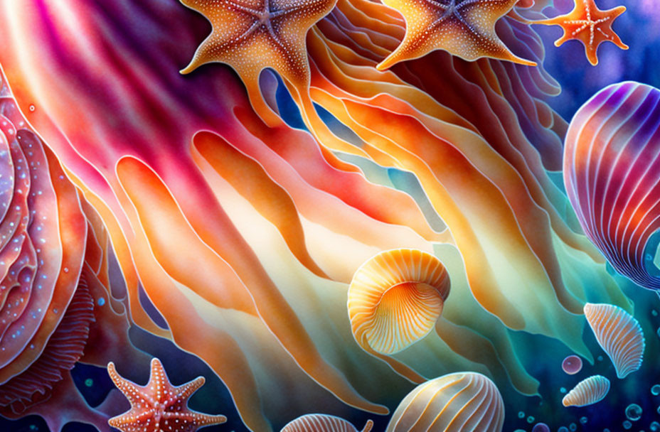 Shells, starfish, corals, jellyfish