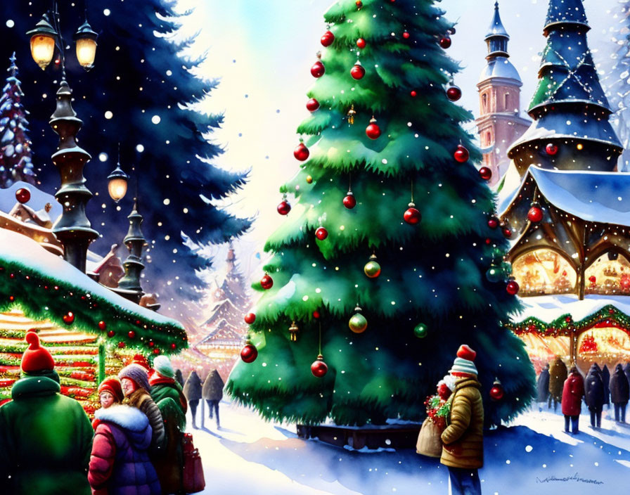 Winter Festive Scene: People, Christmas Trees, Snow, and Street Lamps