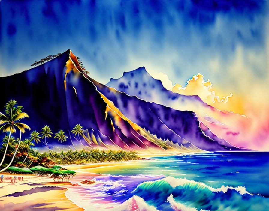 Tropical beach painting: palm trees, sunset skies, mountain silhouettes, serene ocean