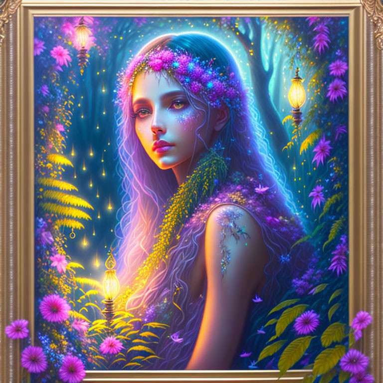 Ethereal portrait of woman with floral hair in mystical forest.