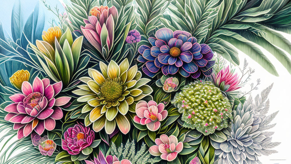 Vibrant flowers and lush foliage in detailed illustration