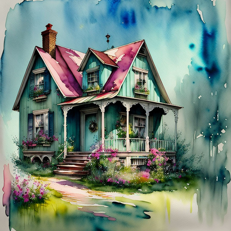 Whimsical watercolor of blue house with pink roof and vibrant garden