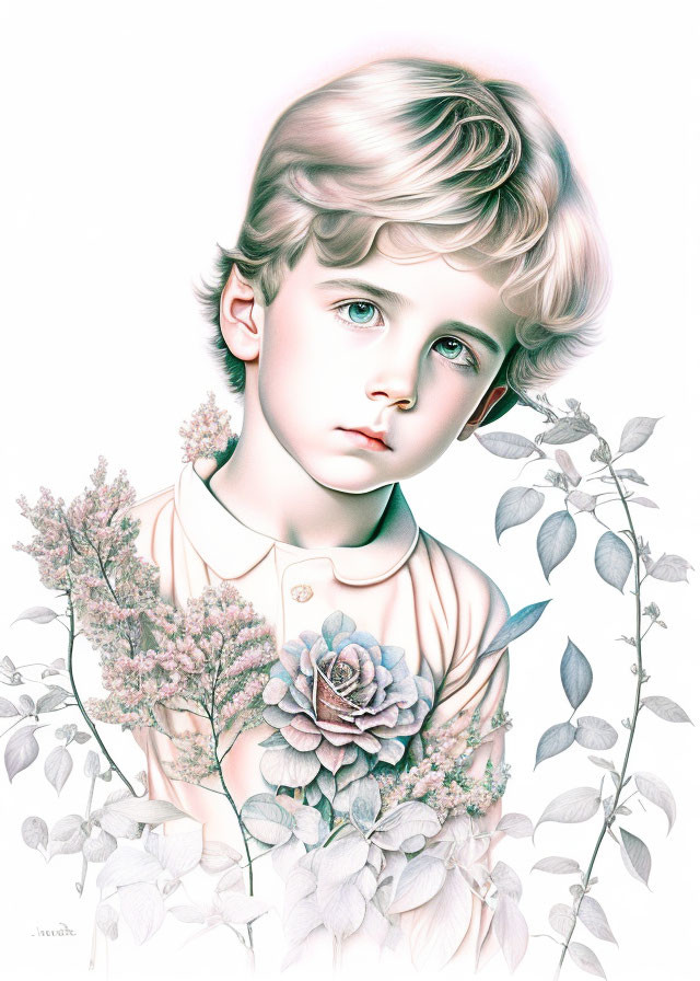 Young child portrait with blonde hair, blue eyes, surrounded by flowers.