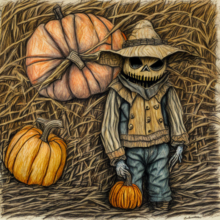 Detailed pencil drawing of scarecrow with skull face, hat, and patchwork jacket holding pumpkin beside giant