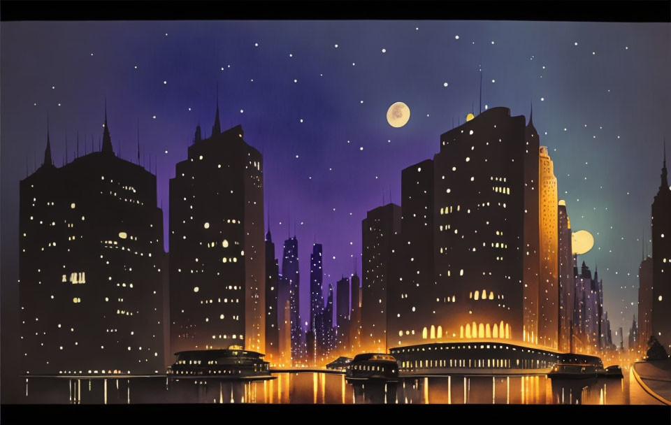 City skyline at night: illuminated buildings, bridge, starry sky, full moon