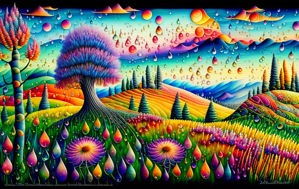 Colorful psychedelic landscape with whimsical tree & rolling hills