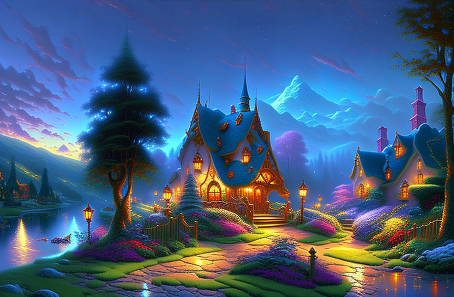 Fairytale Cottage with Glowing Windows in Lush Garden at Twilight