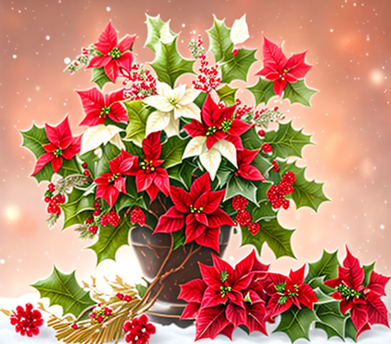 Red and White Poinsettias with Holly Berries in Snowy Scene