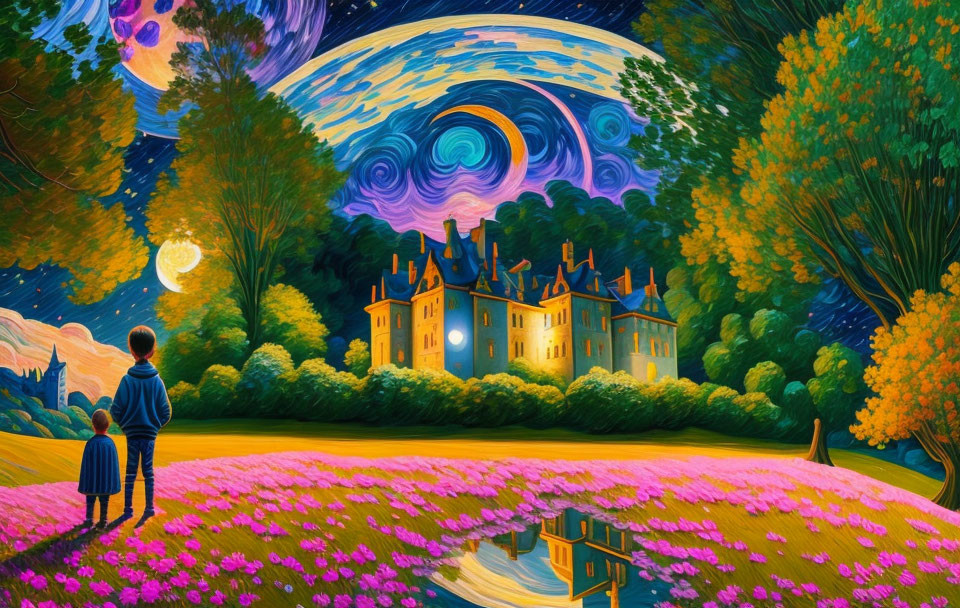 Two people in front of vibrant fantasy landscape with castle and starry night sky