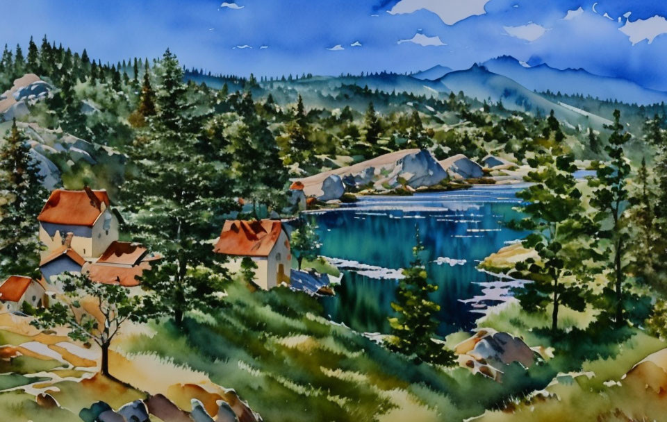 Tranquil lakeside village watercolor painting with trees and mountains