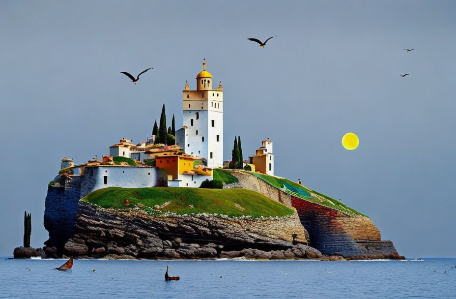 Coastline with castle on cliff, blue sky, birds, and moonrise/sunrise