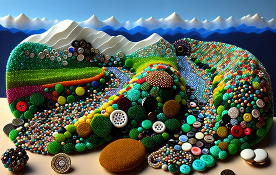 Colorful Button and Bead Landscape with Sewing Accessories Against Sky and Mountain