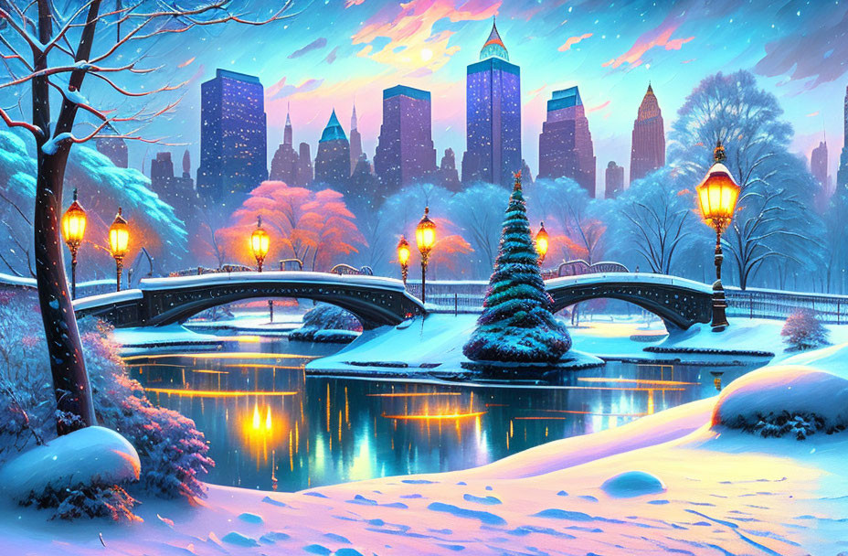 Snow-covered winter cityscape with bridge, Christmas tree, river, and street lamps at dusk