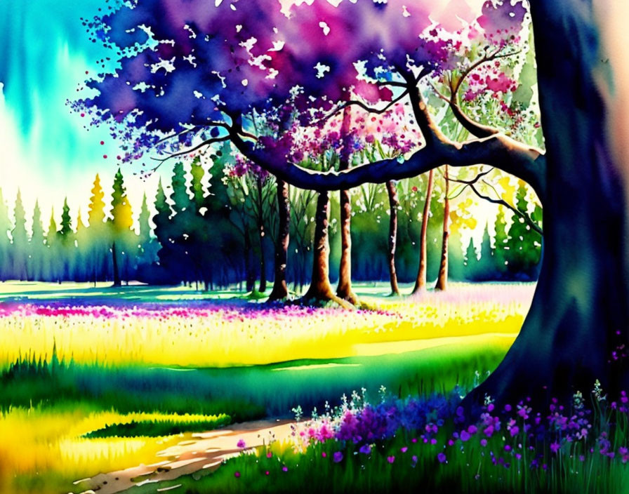 Colorful watercolor painting: Blooming tree, purple flowers, sunny meadow, wildflowers,