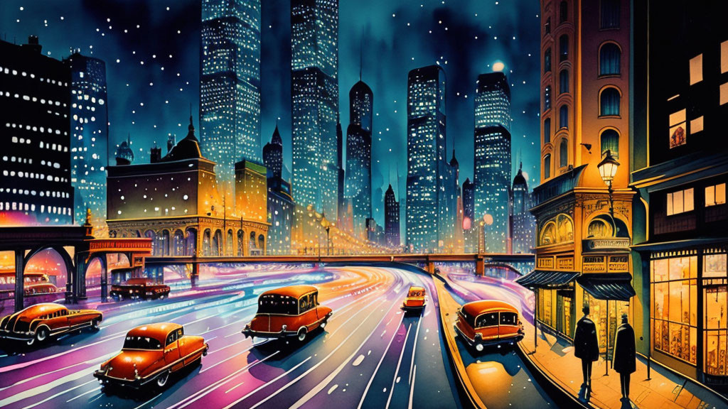 Colorful night cityscape with illuminated buildings and bustling traffic.